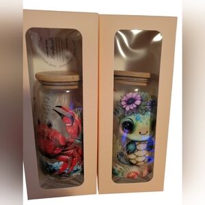 Cute Crab and Turtle Glasses with Bamboo Lids Set